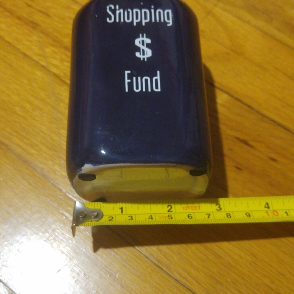 Navy ceramic "Shopping $ Fund" bank with cork lid - Picture 3 of 3